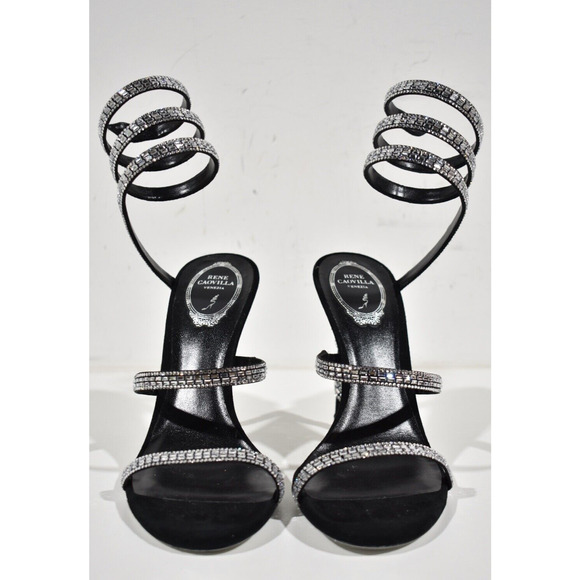 Rene Caovilla Margot Black Silver Crystal Ankle Wrap Strap Sandal Heel Pump 37.5 - Picture 6 of 13